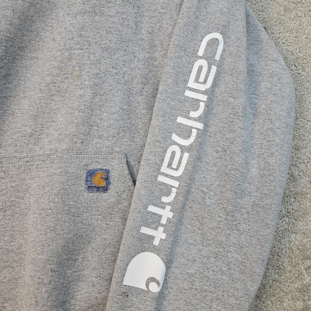 Carhartt Sleeve Logo Hoodie Gray Workwear Pullover Sweatshirt Mens Large - Picture 2 of 16